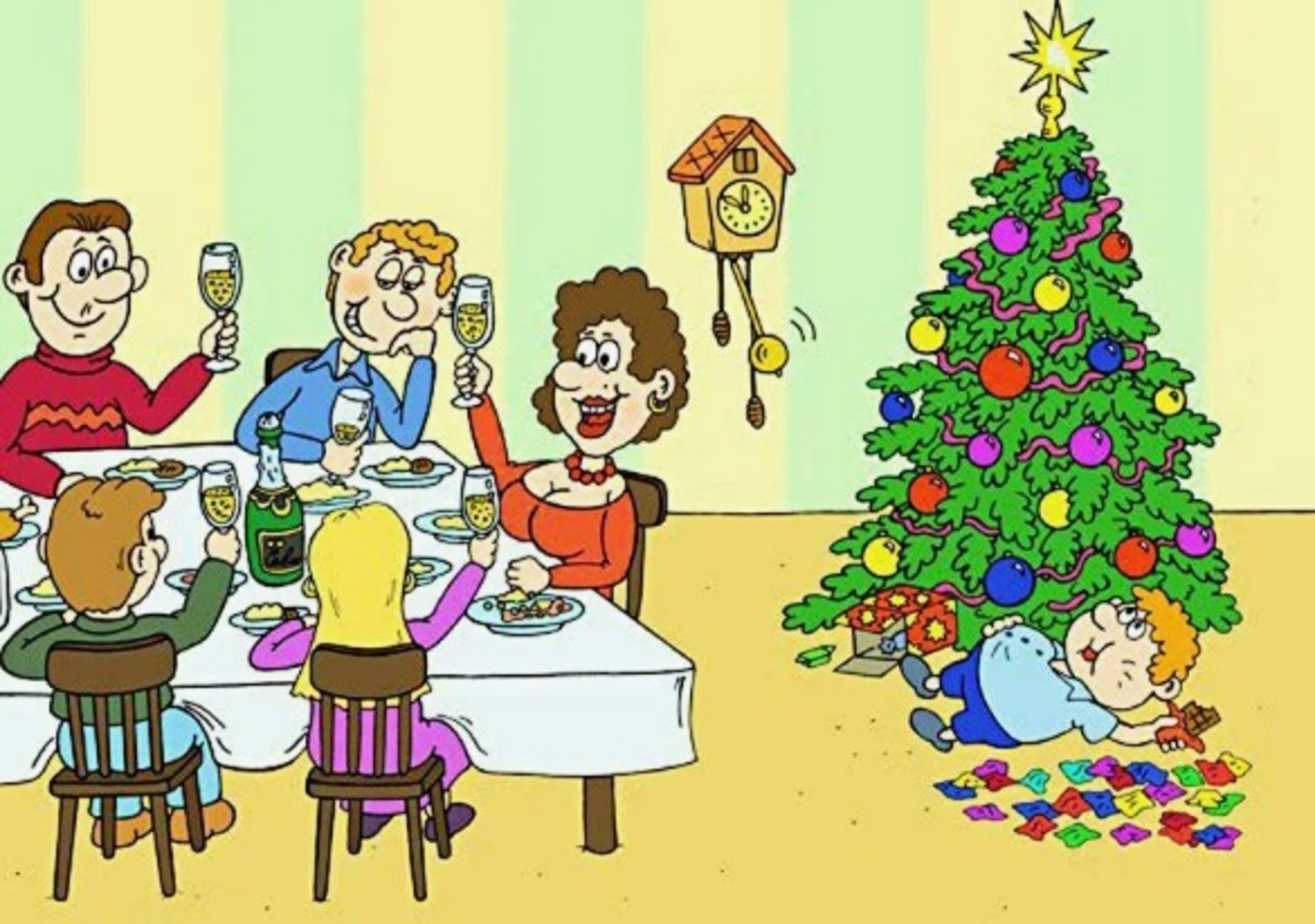 Гости на новогодние праздники. Новогоднее застолье. Семья за новогодним столом. Новогодние праздники карикатура. Веселое застолье на новый год.